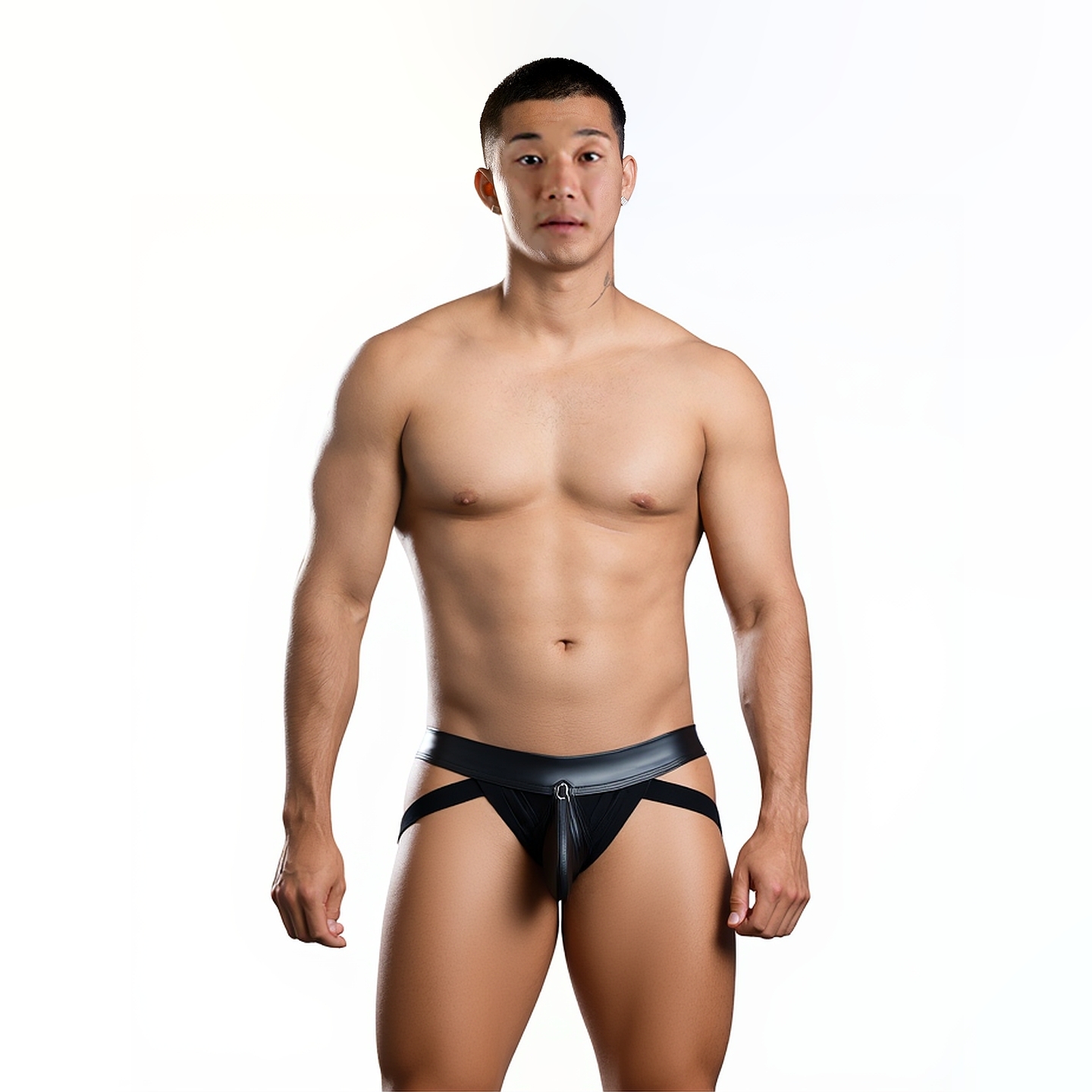 男士漆皮铆钉扣可拆凸囊袋丁字裤