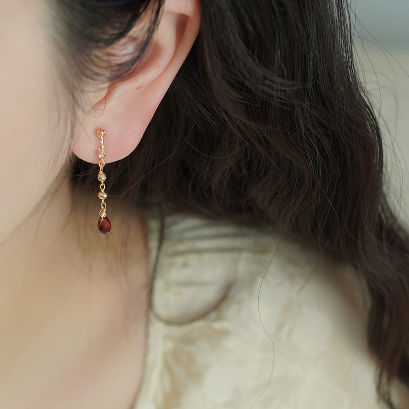 半入云小众设计石榴石水滴长耳夹无耳洞耳骨夹复古甜美耳环50271