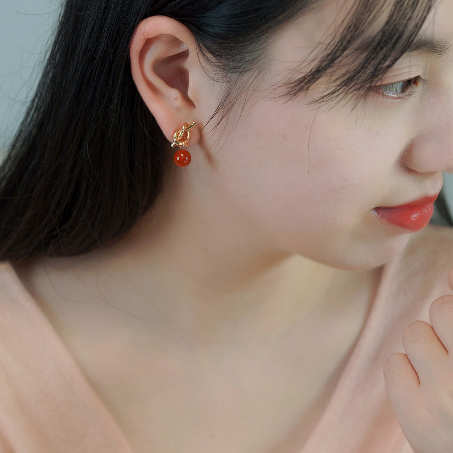 半入云小众复古轻奢红玛瑙打结耳夹设计感优雅耳环淑女耳饰51030