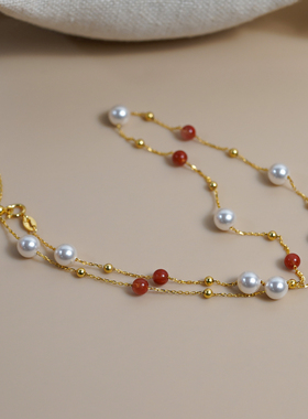 半入云法式复古红玛瑙珍珠满天星项链925纯银y字锁骨链甜美50951