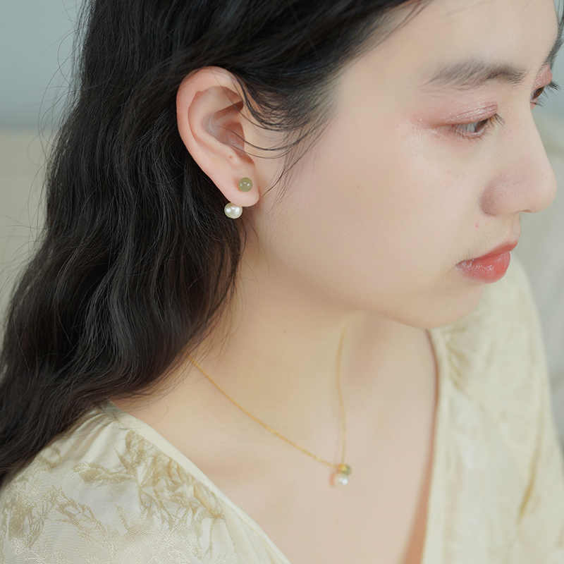 半入云简约清冷感复古子母和田玉珍珠耳钉新中式气质耳钉女50280