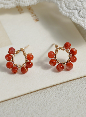 半入云小众气质复古红玛瑙绕线圆圈耳钉14k包金甜美耳环礼物50937