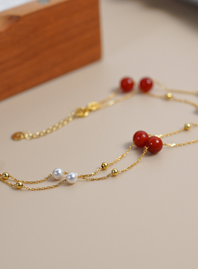 半入云新中式复古甜美红玛瑙珍珠金珠项链925银高级感锁骨链50948