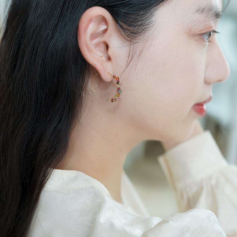半入云新中式复古彩色碧玺包金耳挂小众设计感耳环清新少女505112