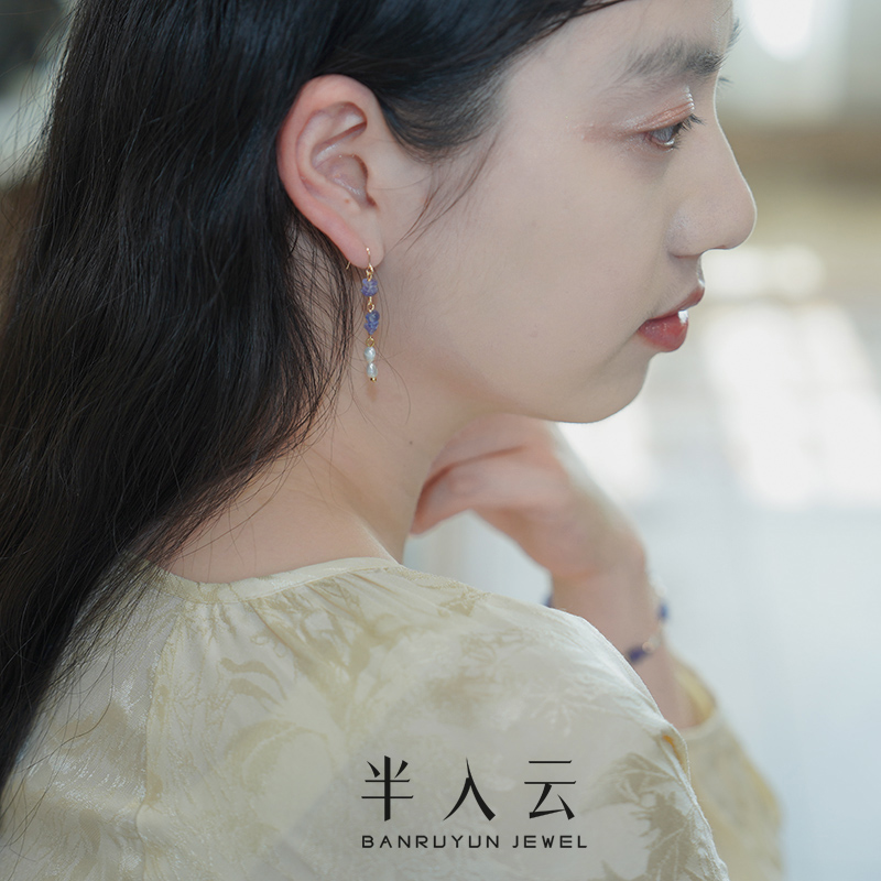 半入云小众清新甜美塔桑石珍珠耳环14k包金耳钩古风少女耳饰50419