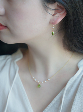 半入云小众清新简约水滴橄榄石珍珠耳环14k包金耳钩高级感女50391