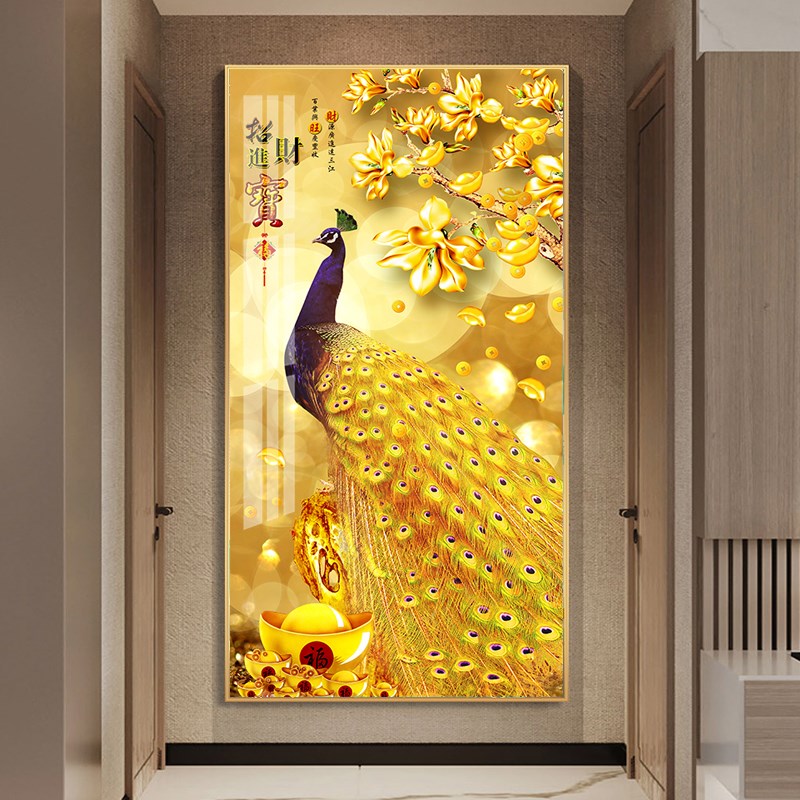 轻奢大气玄关装饰画高档孔雀走廊D过道挂画楼梯口大幅晶瓷壁画图片