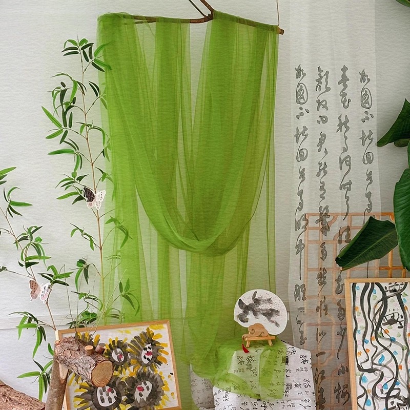 新中式绿色纱幔幼儿园环创水墨古风教室古风场景布置背景墙装饰
