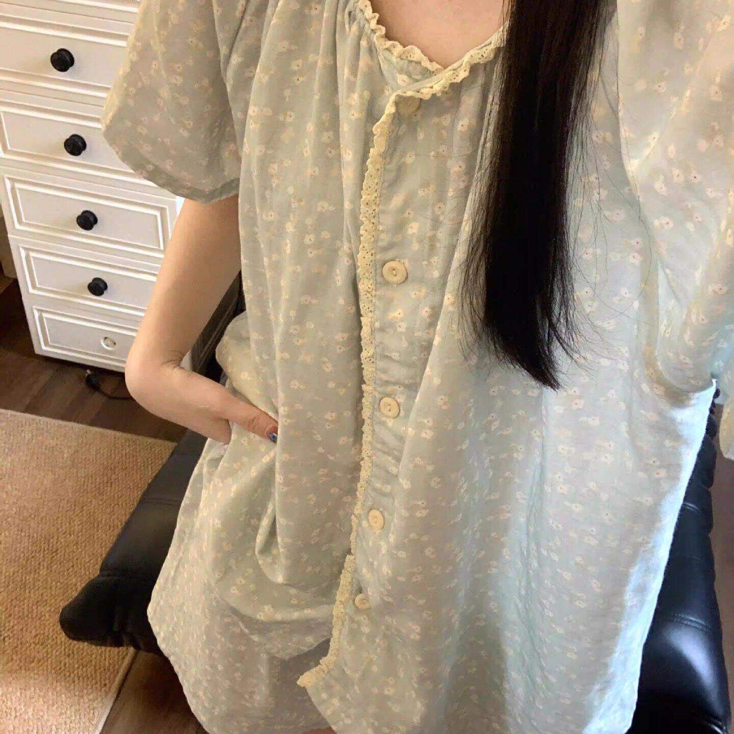 韩系甜美碎花睡衣女春季薄款圆领蕾丝花边学生短袖宽松家居服套装