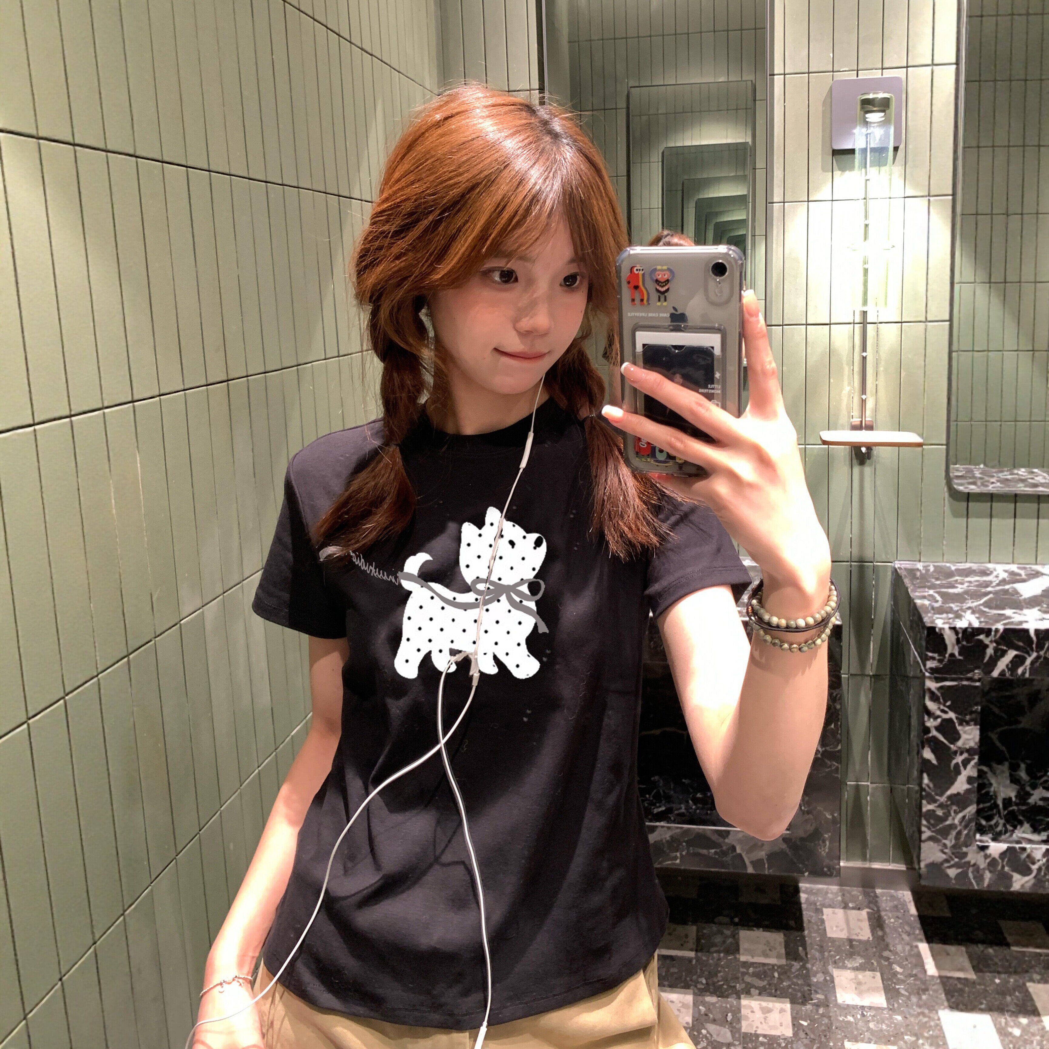 波点小狗蝴蝶结刺绣纯棉短袖T恤女夏季美式正肩修身显瘦短款上衣