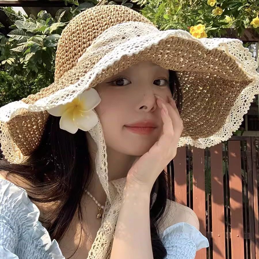 卡蒙官网草帽海边帽子ins系带草编帽女出游防晒沙滩太阳帽蕾丝遮