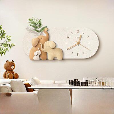 餐厅装饰钟表画意创大象立体轻奢高级挂感餐桌墙面画时钟客厅H091