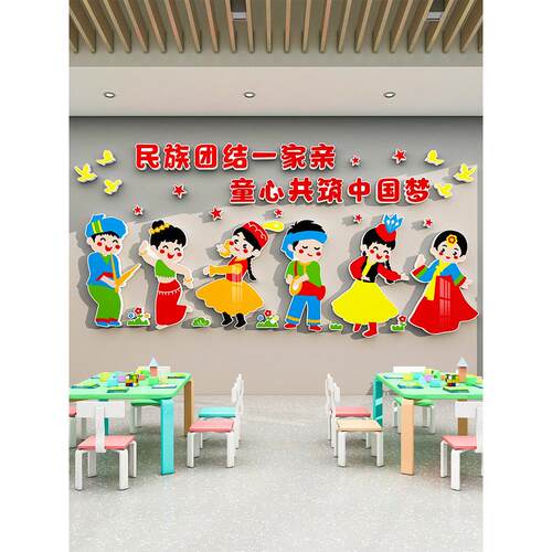 幼儿园结小学56个族XMI风环主题墙贴班级教室创中华大团墙民面装