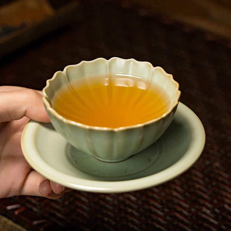 汝窑花口杯青瓷功茶1主人杯单杯汝手工薄胎陶瓷景德夫镇瓷茶具开