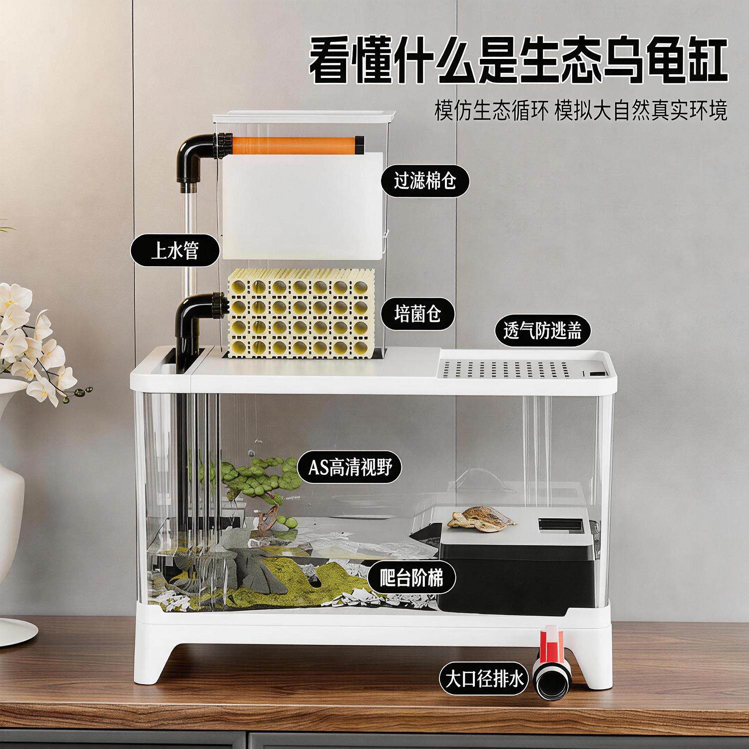 乌龟过滤循环系统造景专缸用底缸水陆两栖0756生态缸号大一体排水