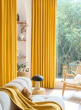 法式复古窗帘黄色TBkfR0Cb高感天鹅绒轻奢客厅卧遮室布光丝级绒高