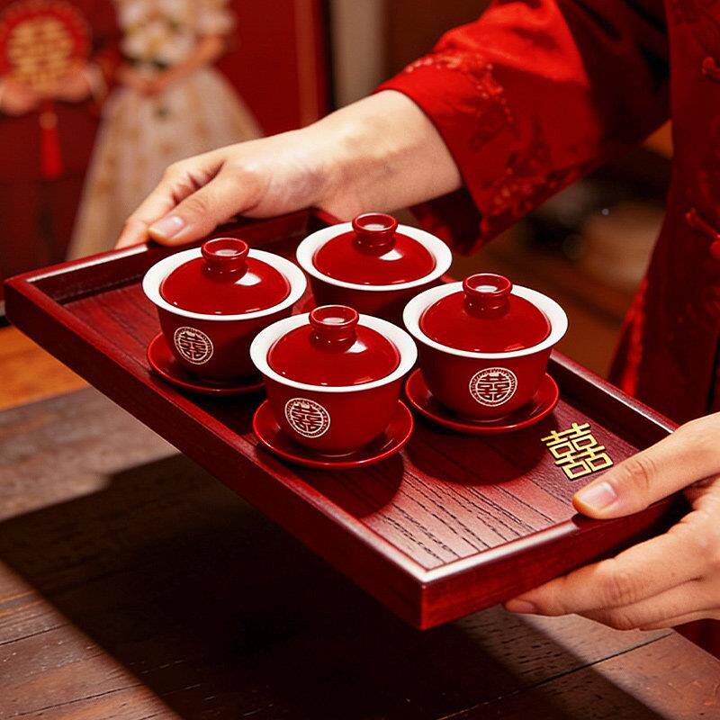 结婚敬茶敬茶杯-0杯一对礼喜碗筷茶具婚组新人改口敬酒色盖碗陪嫁