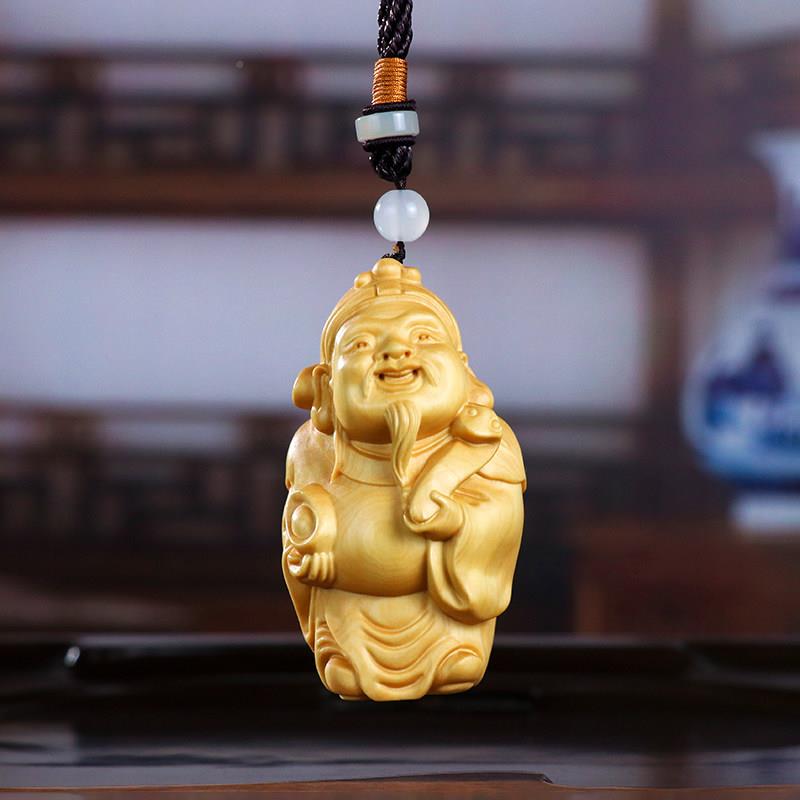 黄木雕手把件财神汽车挂件摆居家装杨饰木质雕刻件财神文玩玩把挂