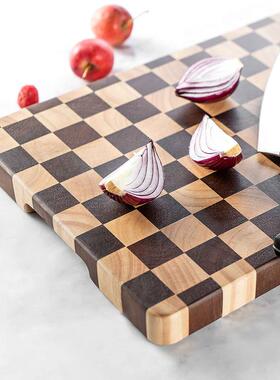 棋盘格菜板思抗菌IOE防霉橡相胶木木实木砧家用砍剁双面使用板粘