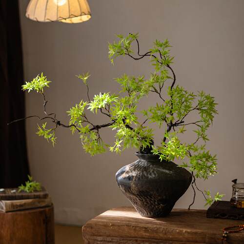 仿真绿色植物假迎客松枫叶花仿真摆设中新式盆景摆花件禅意HH3741