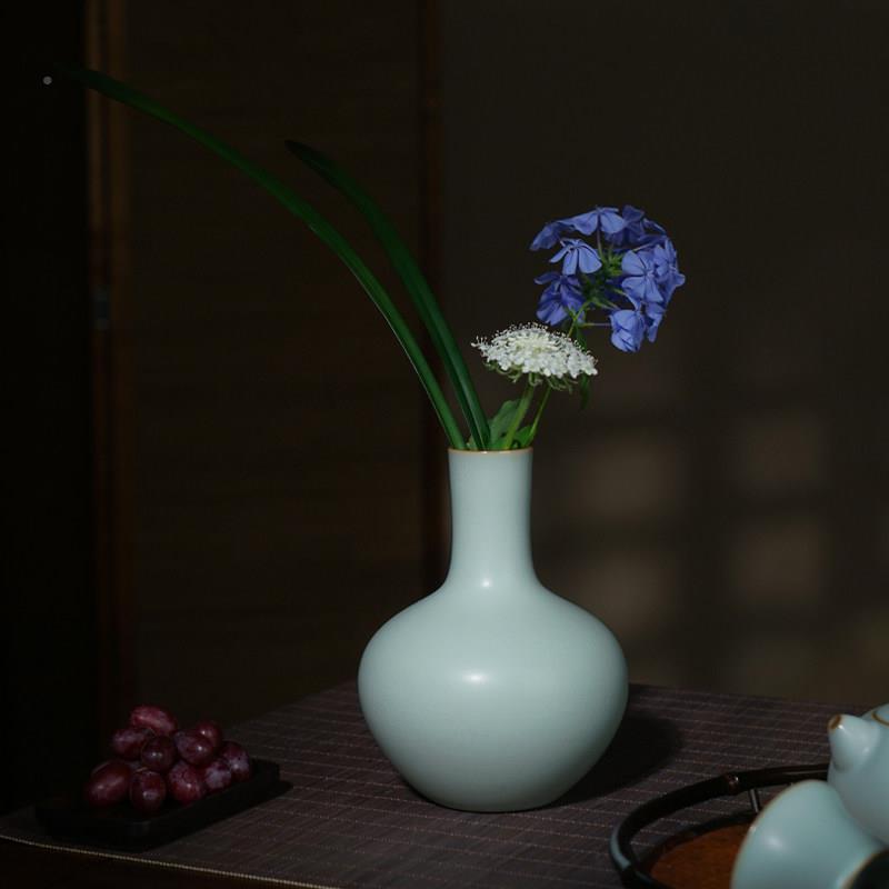 台汝窑天球装瓶覆古瓷器陶瓷小花瓶茶件摆客Q7106厅插花家居饰品