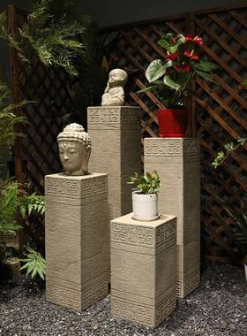 柱新中式玄关装饰摆件花仿石公底座客厅办III室复古展示台园盆景