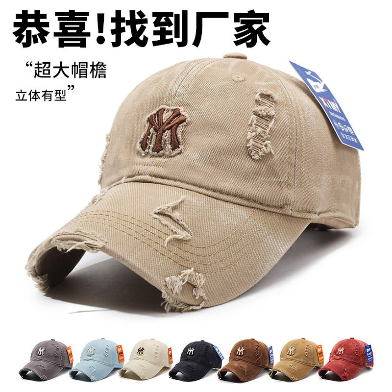 跨境批发韩版水洗破洞棒球帽MY字母刺绣鸭舌帽男女复古情侣遮阳帽