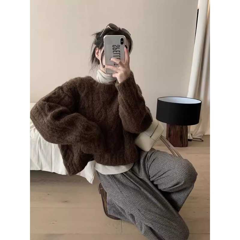 速发美冬德短款棕色麻花毛衣套头秋拉外穿松宽慵懒软糯针织上衣加