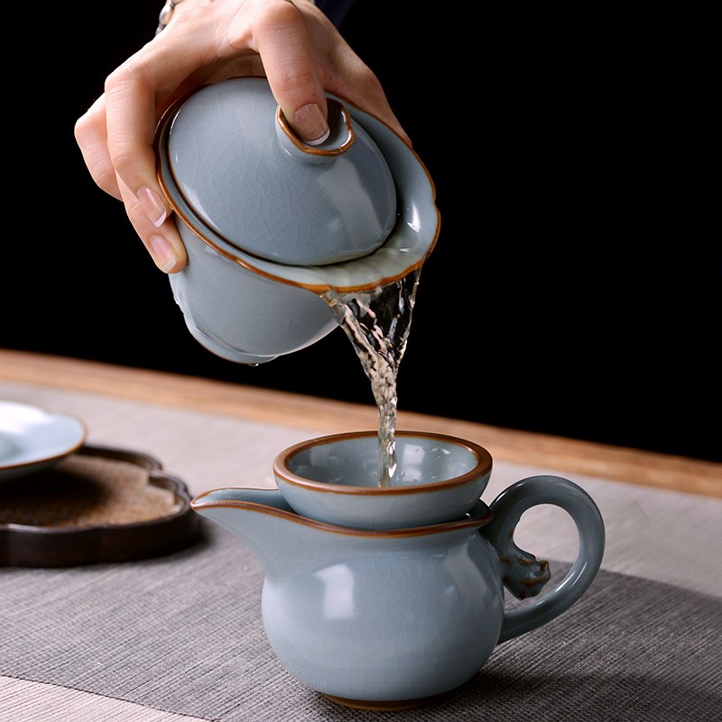 速发汝窑开片陶瓷功夫茶具套装家用高端侧把泡茶壶茶杯盖碗景德镇