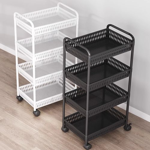 速发厨房置物架家用菜食落地小推车多层架厅收纳书架移动果蔬零篮