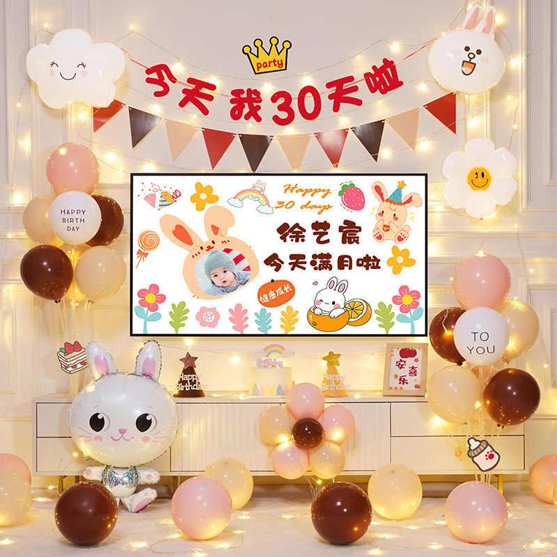 速发球宝宝满月宴礼婴儿0天景式感拍照气兔装饰场仪布置家里背景