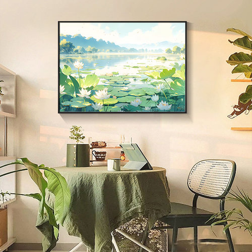 速发荷电月色餐厅装饰画温馨卧室柜头墙面挂画入户玄关塘视床大幅