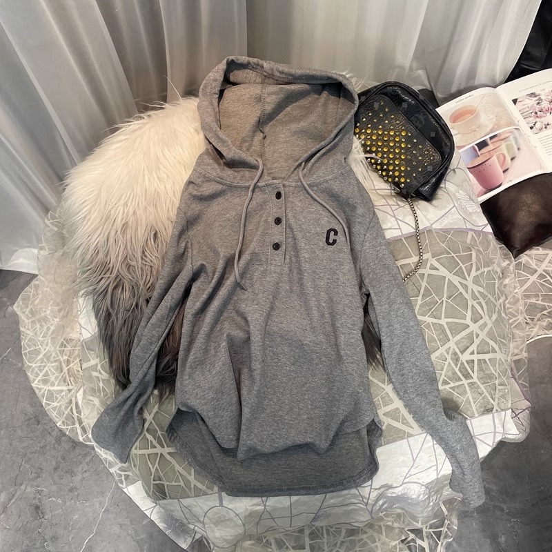 速发设计b小众刺绣宽帽长袖卫衣春秋韩版感f慵懒风连松外套上衣