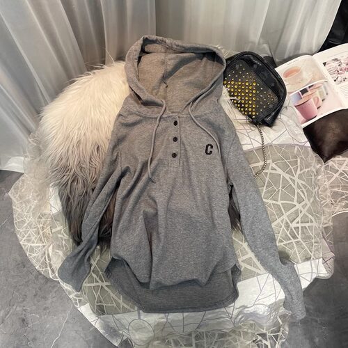 速发设计b小众刺绣宽帽长袖卫衣春秋韩版感f慵懒风连松外套上衣