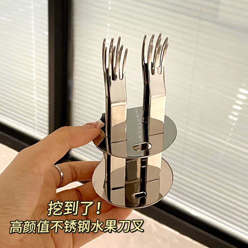 速发04不锈钢用果叉套装甜水高级感可爱蛋糕家品带收纳罐叉子水果图片