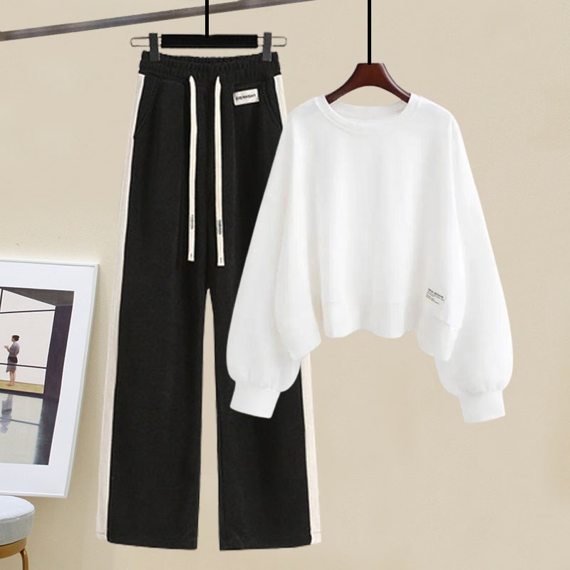 速发休闲套装短衣宽松百搭卫衣上款抽绳休闲阔腿套子两件裤洋气