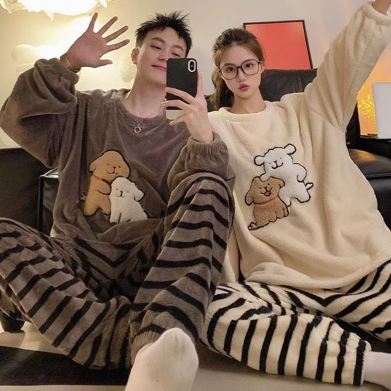 珊瑚绒情侣睡衣秋冬季加厚加绒法兰绒家居服