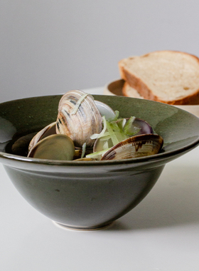 北欧陶土窑变草帽碗7英寸精致复古汤碗沙拉碗高级感绿色防烫面碗