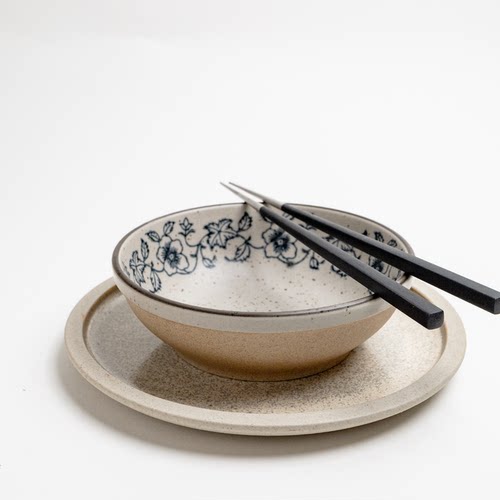 陶土餐具家用6英寸浅口碗手绘釉下彩面碗复古粗陶高颜值蒸扣肉碗