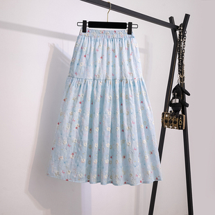 蓝色松紧腰碎花半身裙女秋冬大码 a字蛋糕裙子 胖mm高腰显瘦中长款