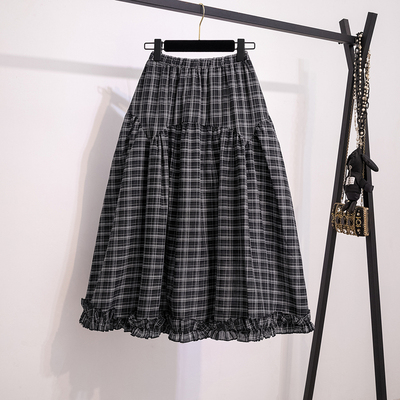 大码胖mm松紧腰格子花边半身裙女秋冬高腰显瘦木耳边a字中长款裙