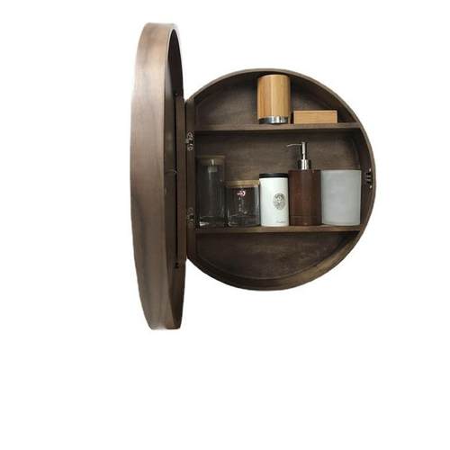 圆形浴室镜柜带灯实木智能镜箱防雾储物卫生间化妆壁挂圆镜挂墙式