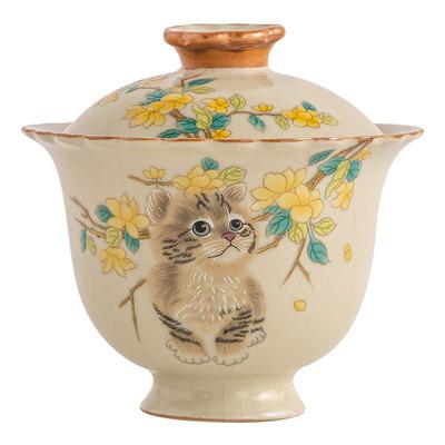 仿宋汝窑米黄二才盖碗功片可养单个大容量泡碗夫开茶具茶泡Y20231