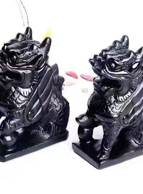 天然黑曜石麒麟摆件纯黑