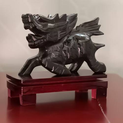 天然黑曜石招财麒麟摆件