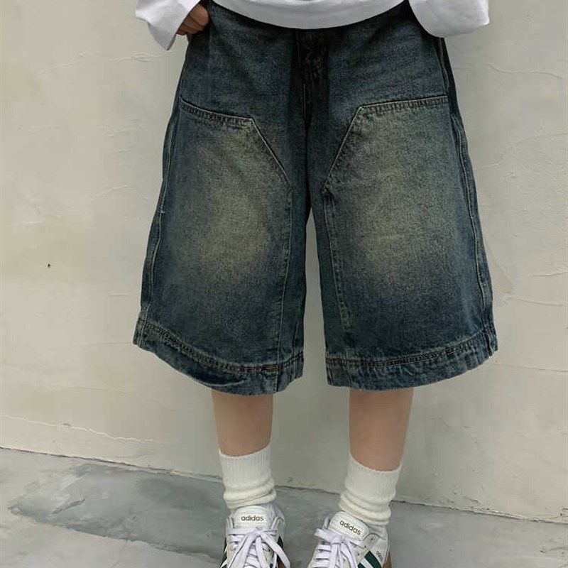 速发大码美式复古裤洗腿旧牛仔短裤男国潮高街直筒阔做休闲七分水,女装/女士精品,大码裤装,淘宝优惠券,粉丝福利购,淘宝优惠卷