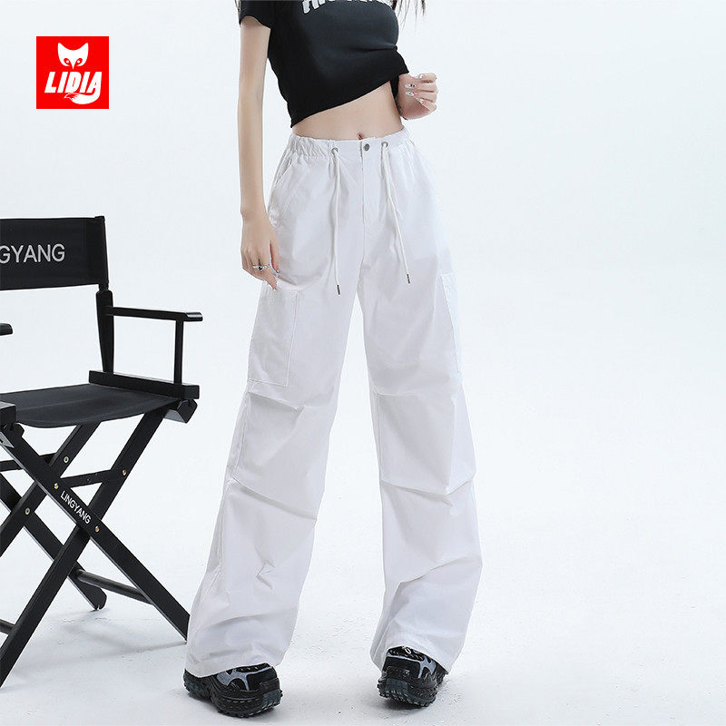 速发白色阔腿休闲工装裤宽松慵懒风直筒绳子2024早秋新款抽运裤动