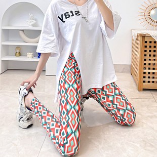 小脚裤 分腰紧身印搭弹力大码 外穿 彩色百花格子九高打底裤 速发新款