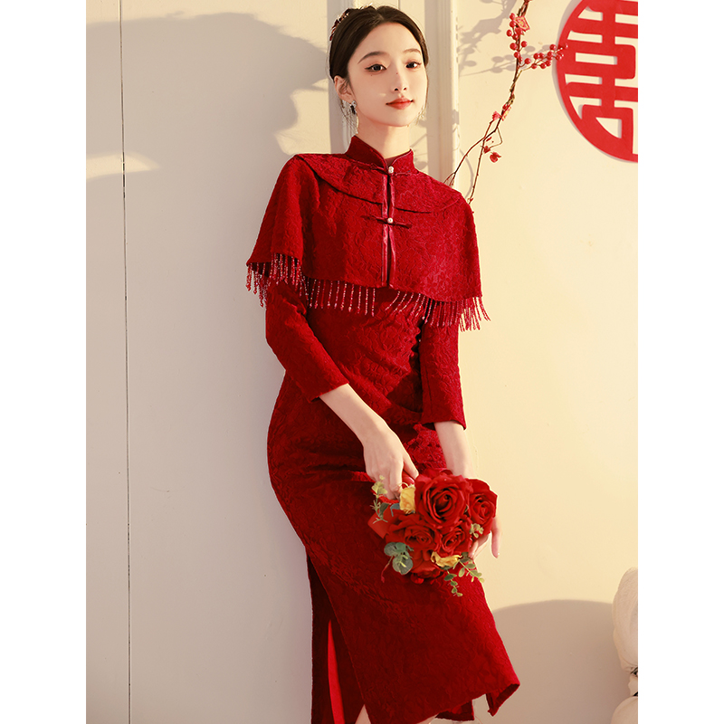 速发新中式披肩旗袍敬酒服新娘长衣红色订婚礼服回冬天裙门连袖裙