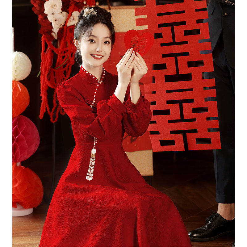 速发码中式敬酒服新娘孕妇秋冬结婚订尺礼服红色旗袍大婚新洋装